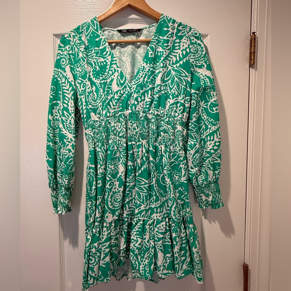 Zara Green & White V-Neck Smocked-Waist Long Sleeve Dress